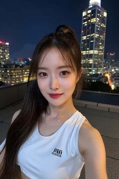 Fujifilm XT3, 8k,close up photo, masterpiece, best quality, (((1girl))), solo,realistic, ((looking at viewer)), photorealistic, (extremely detailed face), looking at viewer, ((ultra-detailed eyes and pupils)), ultra detailed, serious expression, cropped top,shirts, ((standing against a city skyline at night)), (rooftop), crop top, ((navel)), arms behind back, smile, ponytail, slim face, (arms behind back), <lora:hwiseolorashy:1>
