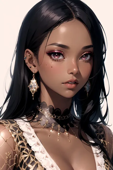 1girl, asymmetrical_hair, black_hair, dark-skinned_female, dark_skin, ear_piercing, earrings, eyeshadow, jewelry, lips, long_hair, looking_at_viewer, makeup, mole, mole_under_eye, nose, piercing, realistic, solo, stud_earrings