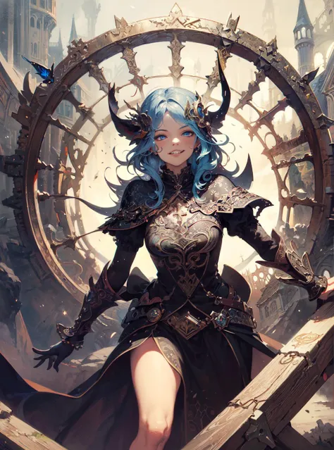 masterpiece, best quality, high quality, 1girl, digital painting, Gatekeeper of prompts, Gatekeeper, Key, Portal, Fantasy, Fine Art, Digital Art, Magical, Mystical, Ethereal, Unique Style, Highly Textured, Intricate Details, Vibrant Colors, ((by J.R.R. Tolkien, by Salvador Dali, by Brian Froud)), absurdres, Dynamic Pose, Vigilant Stance, Gate, Fantasy Art, Magic, Protector, Surreal, Symbolic, evil grin, grin, blue eyes