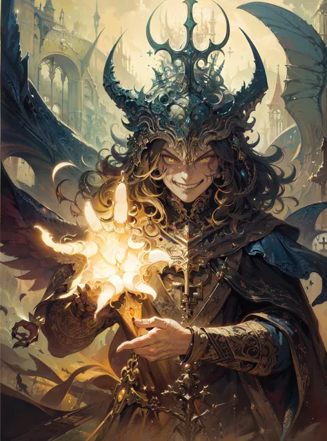 masterpiece, best quality, high quality, 1boy, digital painting, Gatekeeper of prompts, Gatekeeper, Key, Portal, Fantasy, Fine Art, Digital Art, Magical, Mystical, Ethereal, Unique Style, Highly Textured, Intricate Details, Vibrant Colors, ((by J.R.R. Tolkien, by Salvador Dali, by Brian Froud)), absurdres, Dynamic Pose, Vigilant Stance, Gate, Fantasy Art, Magic, Protector, Surreal, Symbolic, (evil grin, grin), yellow eyes