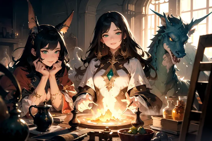 masterpiece, best quality, high quality, oil paint, Exquisite Embroidery, Cult of Dragon, Masterful Artistry, Intricate Brushwork, Rich Palette, Mystical Aura, Enchanting Glow, Evocative, Captivating, ((by sergey kolesov, by Remedios Varo, by J.W. Waterhouse)), Fine Art, Painterly Style, Luminous Highlights, Textured Shadows, fantasy, dragon, mythical creature, naughty face, seductive smile, in heat, green eyes
