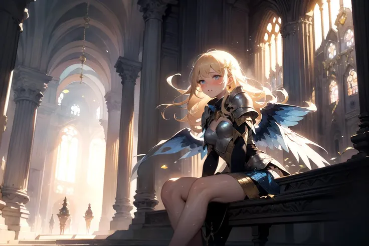(masterpiece, best quality, high quality), 1girl, (Illustration), (Chainmail, Sword), (Gold, Blue, White), (Radiant, Heavenly, Glowing), Epic, Dynamic, Powerful, Majestic, Majestic, Ethereal, Dreamy, Fine Art, Watercolor Painting, (Sitting Pose, Angular), Confident, Graceful, Unique Style, Minimalistic, Soft, Delicate, Expressive, (Oil Painting, Impressionistic, Textured), (Magical, Enchanting), (by Sidney Sime, by John William Waterhouse), Wings, Armor, Heavenly, Noble, Blonde Hair, Medieval, ((in heat, fucked silly, blushing, sweat, heavy breathing))