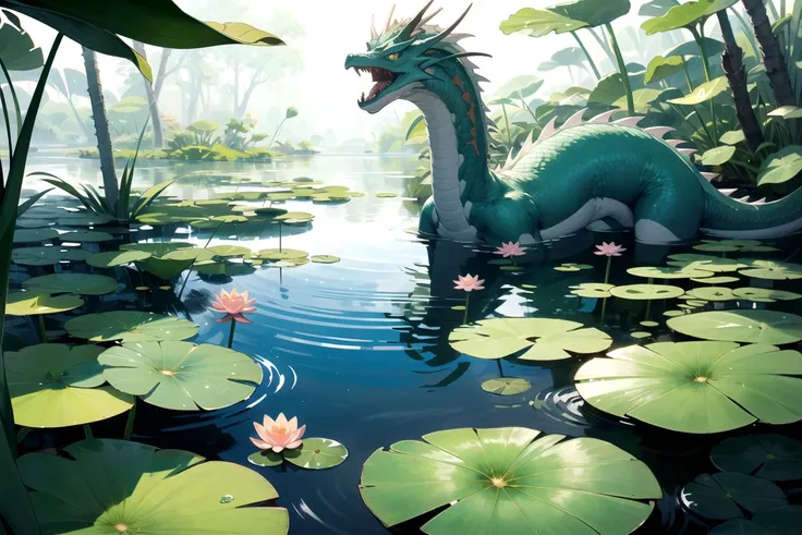 (masterpiece, best quality, high quality), 1boy aqua_eyes artist_name closed_mouth dragon dragon_horns eastern_dragon foxinajacket haku_(sen_to_chihiro_no_kamikakushi) horns in_water lily_pad looking_at_viewer nature no_humans outdoors partially_submerged river sen_to_chihiro_no_kamikakushi water_lily_flower