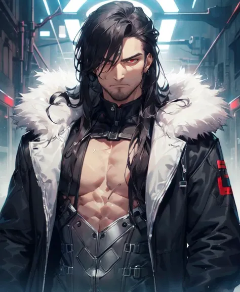 (masterpiece, best quality, high quality), aged up,  man, daddy, ((unimpressed,mafia, futuristic plugsuit, fur-trimmed coat,muscular)), looking at viewer, black hair, (long hair, disheveled hair), red eyes, :(, flowing hair,