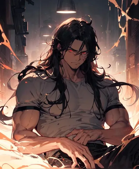 (masterpiece, best quality, high quality), aged up,  man, daddy, ((unimpressed, muscular)), sitting, looking at viewer, black hair, (long hair, disheveled hair), red eyes, :(, flowing hair, glowing eyes