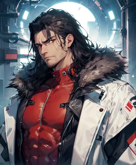 (masterpiece, best quality, high quality), aged up, man, daddy, ((unimpressed,mafia, futuristic plugsuit, fur-trimmed coat,muscular)), looking at viewer, black hair, (long hair, disheveled hair), red eyes, :(, flowing hair,
