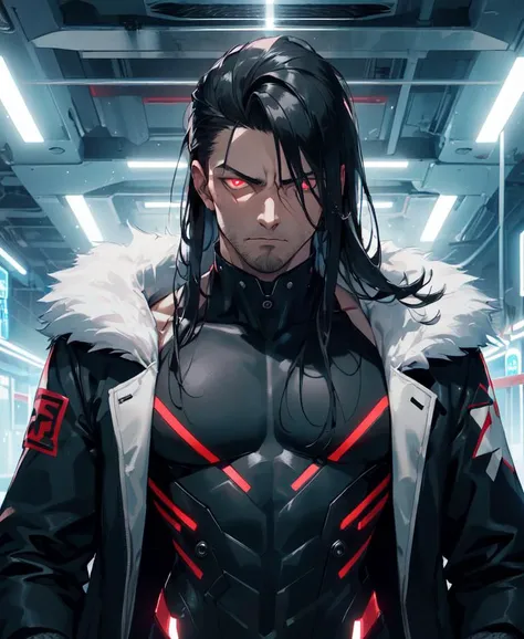 (masterpiece, best quality, high quality), aged up,  man, daddy, ((unimpressed,mafia, futuristic plugsuit, fur-trimmed coat,muscular)), looking at viewer, black hair, (long hair, disheveled hair), red eyes, :(, flowing hair, glowing eyes