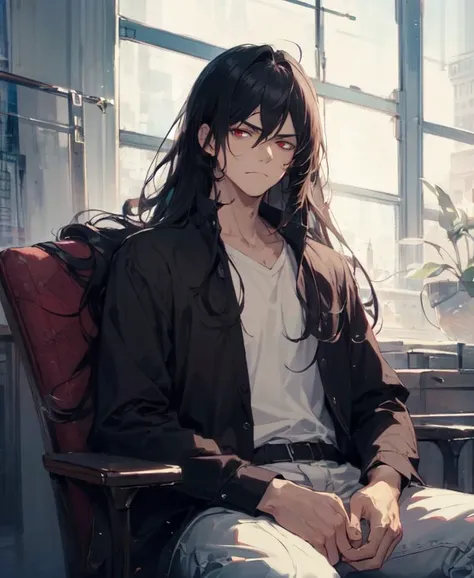 (masterpiece, best quality, high quality), man, ((unimpressed)), sitting, looking at viewer, black hair, (long hair, disheveled hair), red eyes, :(, flowing hair