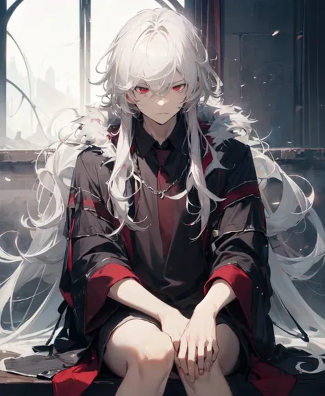 (masterpiece, best quality, high quality), 1boy, ((unimpressed)), sitting, looking at viewer, white hair, (long hair, disheveled hair), red eyes, :(, flowing hair