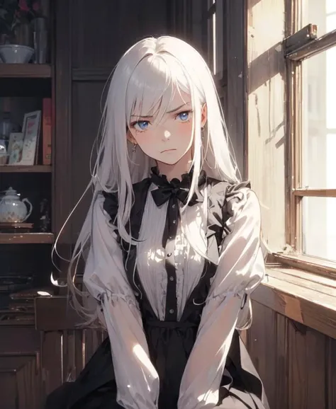 (masterpiece, best quality, high quality), 1girl, ((unimpressed)), sitting, looking at viewer, white hair, long hair, disheveled hair