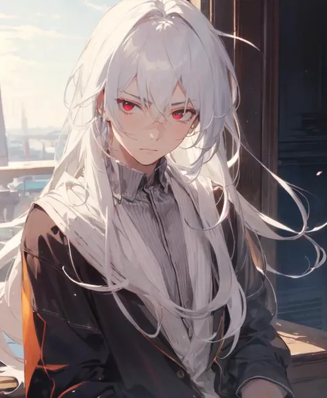 (masterpiece, best quality, high quality), 1boy, ((unimpressed)), sitting, looking at viewer, white hair, (long hair, disheveled hair), red eyes, :(, flowing hair