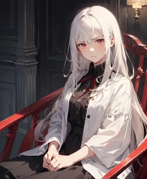 (masterpiece, best quality, high quality), 1girl, ((unimpressed)), sitting, looking at viewer, white hair, (long hair, disheveled hair), red eyes