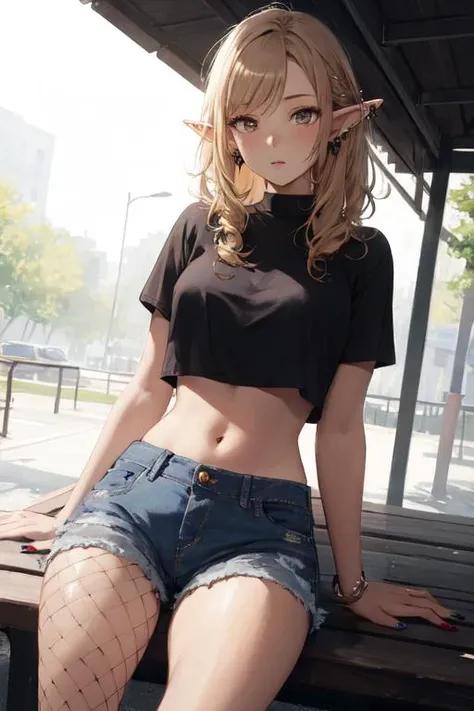 (masterpiece:1.5, best quality:1.5, painting:0.5, grayscale:0.7, absurdres:0.95), 1girl, midriff, navel, (piercings), curly blonde hair, messy hair, brown eyes, elf, alluring, crop top, jeans shorts, (fishnets), sitting on a bench, park