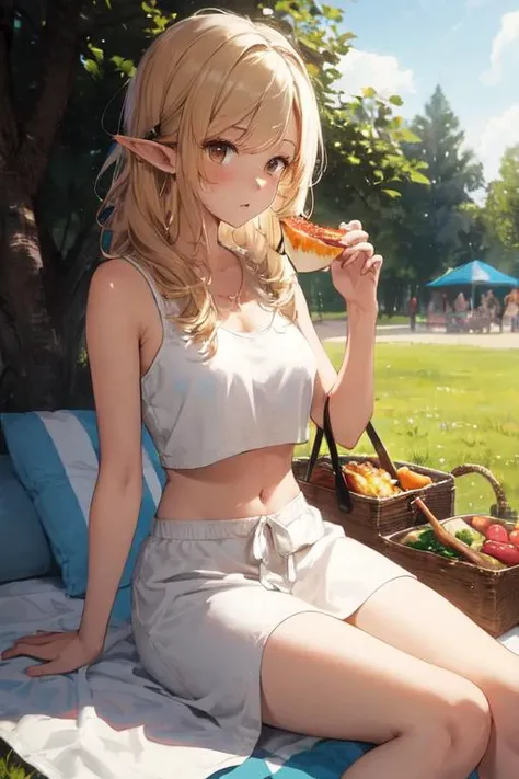 (masterpiece:1.5, best quality:1.5, painting:0.5, grayscale:0.7, absurdres:0.95), 1girl, midriff, navel, curly blonde hair, messy hair, brown eyes, elf, (casual white dress), (suntanned), alluring, legs crossed, sitting on a blanket, picnic, park, trees, food, scenery