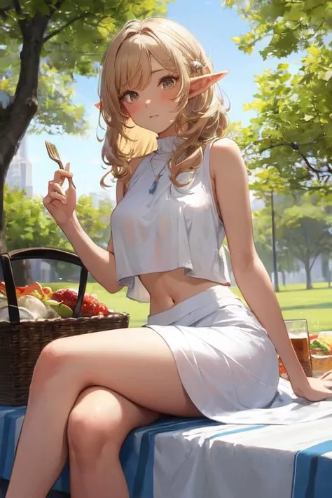 (masterpiece:1.5, best quality:1.5, painting:0.5, grayscale:0.7, absurdres:0.95), 1girl, midriff, navel, curly blonde hair, messy hair, brown eyes, elf, (casual white dress), (suntanned), alluring, legs crossed, sitting on a blanket, picnic, park, trees, food, scenery