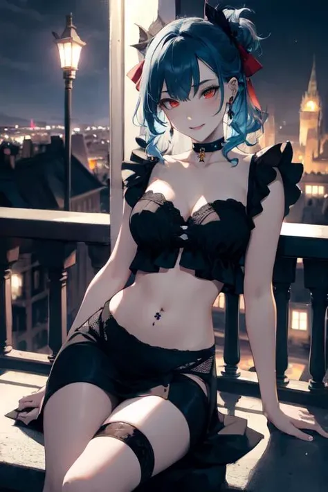 (masterpiece:1.5, best quality:1.5, painting:0.5, grayscale:0.7, absurdres:0.95), perfect anatomy, midriff, navel, 1girl, vampire, (piercings), curly blue hair, red eyes, choker, ribbon, seductive smile, seductive pose, black victorian dress, black stockings, drinking wine, sitting on a balcony, legs spreading, castle, night, lights, scenery