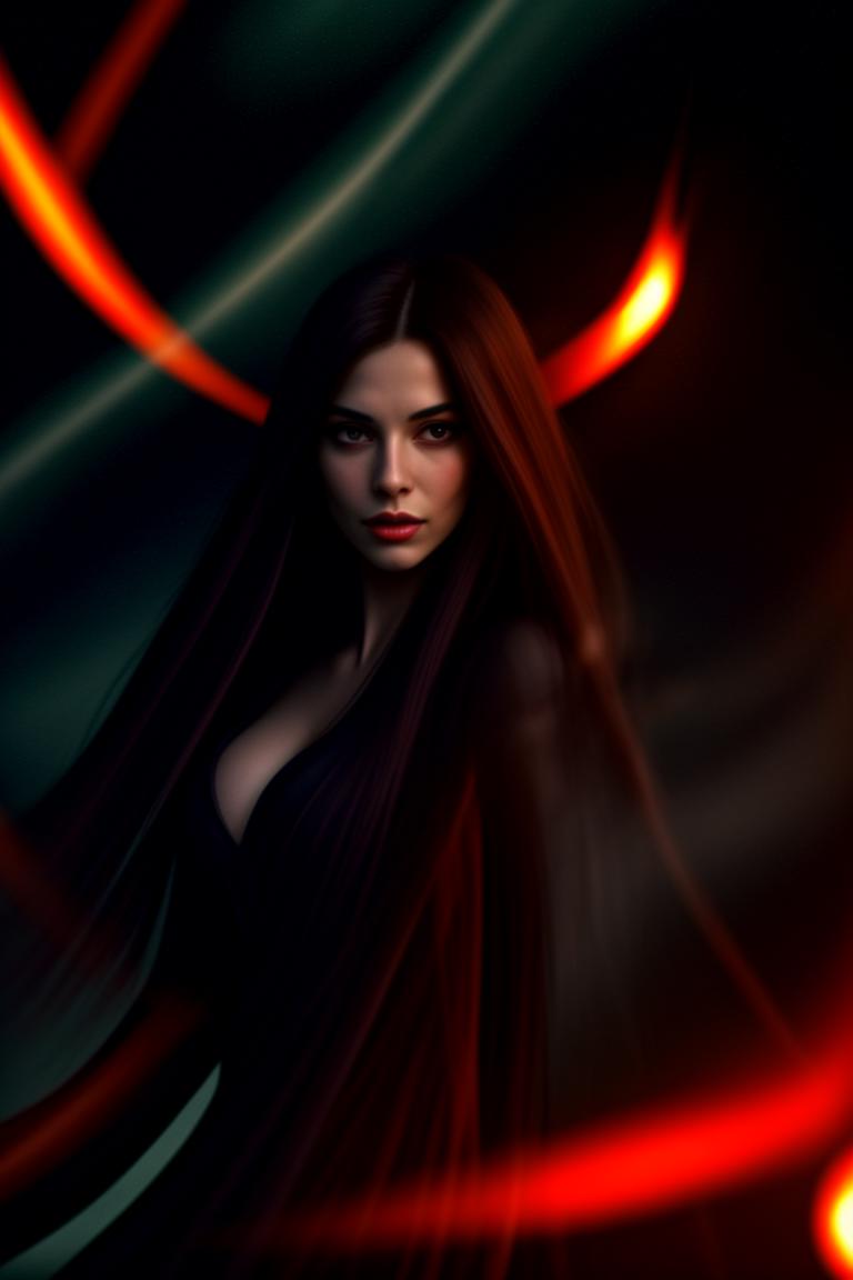 A woman with long hair and a black dress standing in front of a red ...