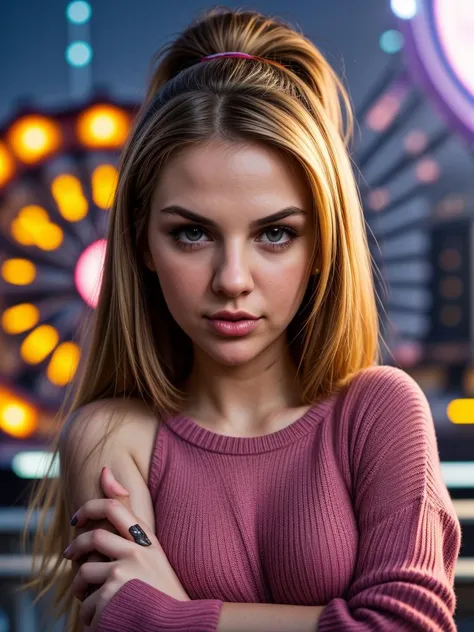 photo of sultry (br1annal0ve), a woman, perfect hair, award-winning photo, sfw, (ribbed sweater), ((A colorful amusement park with a ferris wheel in the background), (Lying on the side, propped up on one elbow)), 70mm, f/8, ((auto focus, color, DOF, Aperture, 8k uhd, dslr, cinematic lighting, insanely detailed and intricate, character, hypermaximalist), (((shaved:1.2))), looking at viewer, whole body, appealing, attractive, amative, perfect skin, (detailed background), hyper realistic, super detailed), (DOF, blurry background, bokeh), epiCPhoto, <lora:add_detail:0.5>