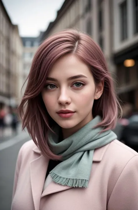 (realistic, photo-realistic:1.37), (22 years old woman), medium breast, small waist, pink hair, green eyes, beautiful face, perfect illumination, beautiful detailed eyes, t-shirt, coat, urban clothing, scarf, looking at viewer, stunningly beautiful woman, detailed hairstyle, <hypernet:epiCRealism:1>