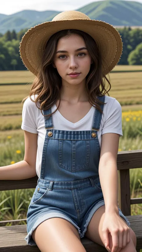 14 year old girl with brown hair and light brown skin, wearing light orange colored denim overalls and a straw hat
