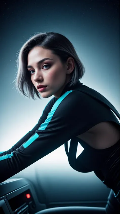 (over the shoulder:1.1), movie still,side view, spaceship cockpit, beautiful young skinny auburn caucasian adult woman sitting in spaceship cockpit looking over shoulder at viewer, glowing holographic instruments,(beautiful face:1.11),from behind, smart fabric jumpsuit:1.3,lightweight structured jacket with sharp geometric lines, utility belt, knee-high boots, fingerless gloves,(large spaceship cockpit with highly polished flooring and stellar view),backlit hair,perfect face,(pale freckles:0.6),(black and silver accents),perfect eyes,(studio lighting:0.3),low key, thin pouting lips,(white bob hair, ombre++ hair:1.2),wide set soft+ turquoise++ eyes, skin pores,(small retrousse nose:1.2), (pale skin),ultra detailed,(Intricate Environment)++,best quality, masterpiece, dramatic angle, highest detailed face,eyelid shimmer makeup,silver eyeshadow,iridescent cheekbones,muted rose lips,deep space blue, BREAK, starlight silver, nebula pink, and black hole black, planetary rings, asteroid clusters, geometric shapes, angular contours,Holographic control panels, chiaroscuro effects, reflective surfaces, star-filled skies, distant galaxies,Chrome finishes, brushed steel, shimmering surfaces, iridescent materials, Minimalist design, clean lines, modernistic details,8k,best quality,masterpiece,(medium covered breasts:0.9) (elegantly dressed:1.2)