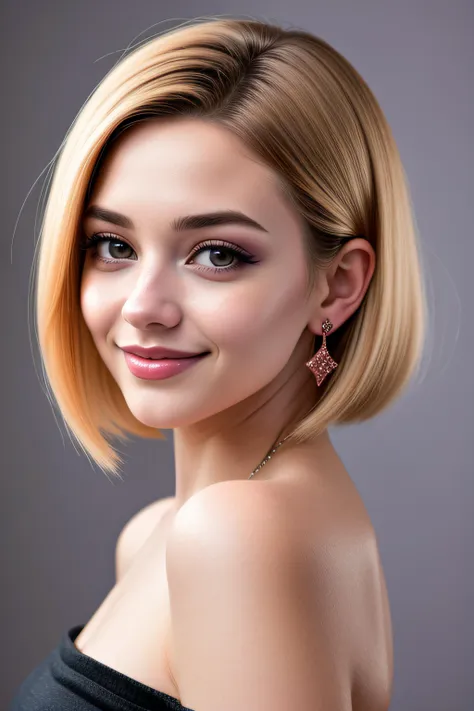 Hyperrealistic art masterpiece, (realistic, photo-realistic:1.37), (22 years old woman)blonde bob, makeup, long eyelashes, earrings, perfect smile, dimples, Smokey eyeshadow<lora:lbobh2024:1> concept, lbobh2024 concept . Extremely high-resolution details, photographic, realism pushed to extreme, fine texture, incredibly lifelike