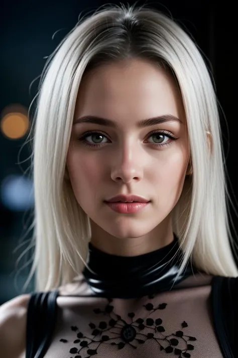 masterpiece, best quality, 8k, (looking at viewer:1.1), gorgeous, hot, seductive, young american woman, (eye contact:1.1),  beautiful face, (detailed face:1.2), (excited:1.2) , hyper detailed, best quality, ultra high res, white hair, elven house interior, photorealistic, high resolution, detailed, raw photo, 1girl, black laced bodysuit,gold details, night time, city lights, rain,
