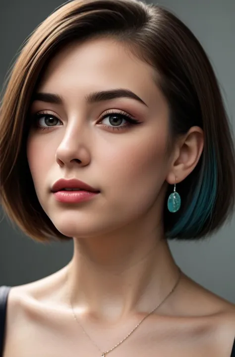 "(masterpiece:1.21), (bestquality:1.21), 8k, high detailed, ultra-detailed, depth of field, wide angle, 1girl, beautiful face, Graceful Hands, Real Skin Texture, solo, looking at viewer, clean background trending, (portrait photo of a gray backdrop), black eyes, beautiful detailed eyes, random_color_lipstick, eyeliner, eyelashes, random_color_nail_polish, earrings, necklace, Teal Hair, hair wings, Happy Birthday, High key lighting, shadow