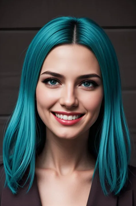 slender woman, 1girl, blue hair, blue eyes, very long hair, bans, smile, (evil smile:1.6), beutifull face, eyeliner, (very thin eyebrows:-1.1), eye shadow, perfect face