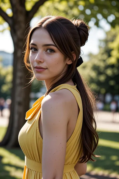 an 8k film still with a remarkably intricate vivid setting portraying an auburn-haired woman looking like Analuk99 having freckles, a subtle smile, and athletic arms wearing a yellow sundress and a hippie bandana; captured by emily soto standing amidst a sunny park scene.