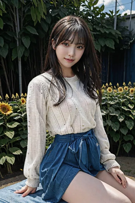 nsfw, (8k, RAW photo, best quality, masterpiece:1.2), (realistic, photo-realistic:1.37), ultra highres, depth of field, chromatic aberration, caustics, Broad lighting, natural shading, Fujifilm XT3, masterpiece, ultra detailed,1girl, solo, ambient light, (dynamic pose:1.4), model pose, waist up, white teeth, long hairs, blowing hairs, long legs, ambilight, brown eyes, NN, small breasts, ( wearing white sweater and Denim skirt , sitting on the sunflower garden) , <lora:JAV_Mio_v1.5:0.6> <lora:NiNi_V4:0.1>