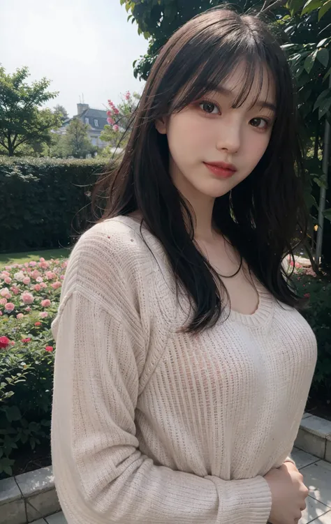 nsfw, (8k, RAW photo, best quality, masterpiece:1.2), (realistic, photo-realistic:1.37), ultra highres, depth of field, chromatic aberration, caustics, Broad lighting, natural shading, Fujifilm XT3, masterpiece, ultra detailed,1girl, solo, ambient light, (dynamic pose:1.4), model pose, waist up, white teeth, long hairs, blowing hairs, long legs, ambilight, brown eyes, NN, medium breasts, ( wearing pink sweater in rose garden) , (half body:0.7), ahoge, <lora:JAV_Mio_v1.5:0.3> <lora:NiNi_V4:0.4>
