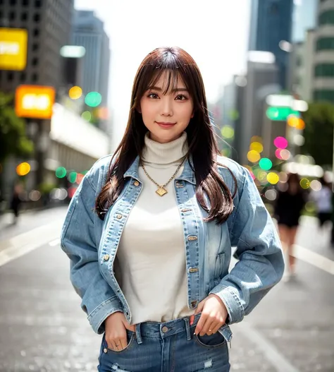 best quality, photorealistic, 8k, high res, (((1girl))), woman, (medium breast), ((looking at the viewer)), (looking at the camera), (medium hair), (professional lighting, bokeh), (street), (people, crowds:0.6), cityscape, neon light, time square, new york, (night:1.2), (denim jacket with turtleneck shirt:1.5), (portait:0.6), rainy, water drop, water, ((sweat)), ((sunglasses)), mini jeans, short jeans, gold chain necklace, gorgeous, floating hair, (light particles, lens flare, glowing particles:0.6), (dynamic pose:1.2), soft lighting, <lora:javMio_v12:0.67>