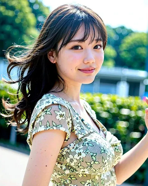 best quality, 1girl, (skindentation), (large breast), (day), bright, blur background, outdoor, (street:0.6), (people, crowds:1), (wavy hair:1.5), (blouse:1.5), gorgeous, (floating hair:1.5), (dynamic pose:0.8), soft lighting, wind, garden, <lora:JAV_mio_v1.2:0.65>