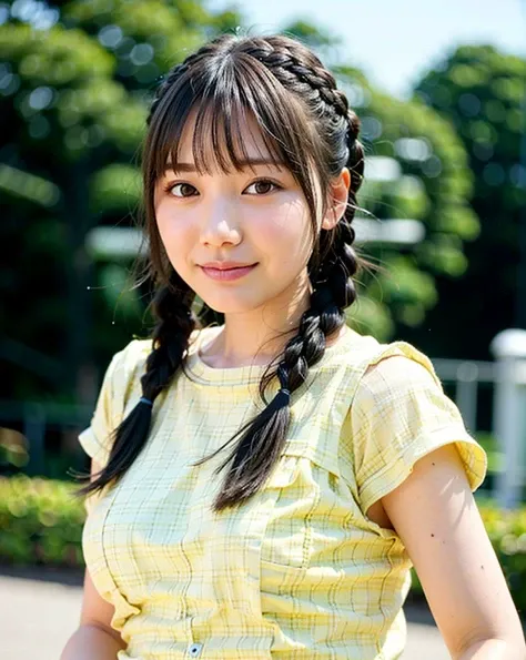 best quality, 1girl, (skindentation), (large breast), (day),  bright, blur background, outdoor, (street:0.6), (people, crowds:1), (braided bangs, wavy hair:1.5), (blouse:1.5), gorgeous, (floating hair:1.5), (dynamic pose:0.8), soft lighting, wind,  garden,  <lora:JAV_mio_v1.2:0.65>