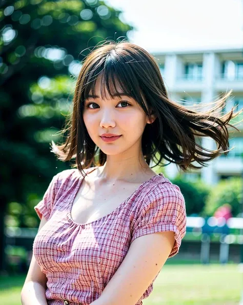 best quality, 1girl, (skindentation), (large breast), (day),  bright, blur background, outdoor, (street:0.6), (people, crowds:1), (short hair:1.2), (blouse:1.5), gorgeous, (floating hair:1.5), (dynamic pose:0.8), soft lighting, wind,  garden,  <lora:JAV_mio_v1.2:0.65>