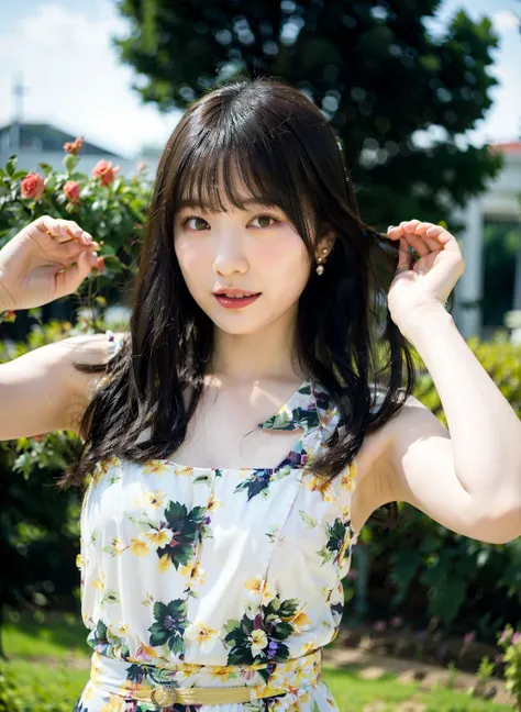 best quality, 1girl, large breasts, day, bright, blur background, bokeh, 
 (lace-trimmed dress:1.5, sleeveless dress), gorgeous, (bangs:1.5),  long hairs, hairs are waving in the wind, 
beautiful detailed sky, beautiful earrings, (dynamic pose:1.2), (upper body:0.8), soft lighting, wind, shiny skin, ahoge, 
(a young girl posing on the rose garden with white dress on), 
<lora:JAV_Mio_v1.5:0.6>   <lora:Athena Tennousu:0.4>