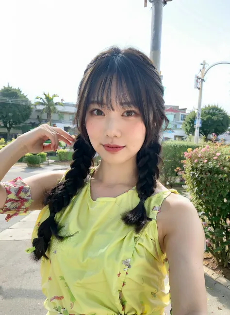 a woman posing on the street corner with light green dress on, best quality, 1girl, large breasts, day, bright, blur background, bokeh, outdoor, (street:0.8), (lace-trimmed dress:1.5, sleeveless dress, light green clothes:1.5, light green high-neck dress:1.5, orange dress: 1.5), gorgeous, (braided bangs:1.5), beautiful detailed sky, beautiful earrings, (dynamic pose:1.2), (upper body:0.8), soft lighting, wind, shiny skin, ahoge, <lora:JAV_Mio_v1.5:0.6> <lora:Athena Tennousu:0.4>