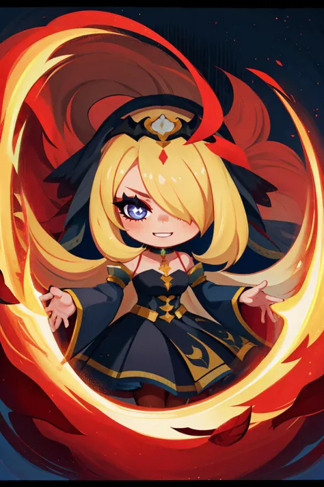 (masterpiece, best quality:1.2), border, chibi, solo, 1girl, renCynthia, smile, hair over one eye, tiara, veil, choker, black dress, red sleeves, pantyhose <lora:style_onmyoji-20:1> <lora:pkmncynthia-nvwls-v1:0.8>