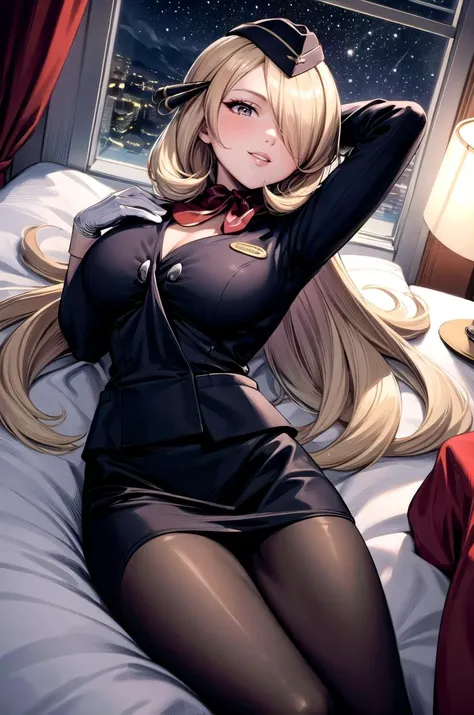 (masterpiece, best quality, detailed), 1girl, solo, looking at viewer, defCynthia, very long hair, hair over one eye, hair ornament,
<lora:aeroflot_2LYCO:0.8> Stewardess, red unifrom, garrison cap, white gloves, pantyhose, indoors, window, night sky, bedroom, curtains, lamp, lying, on back, arms behind head, smile, parted lips