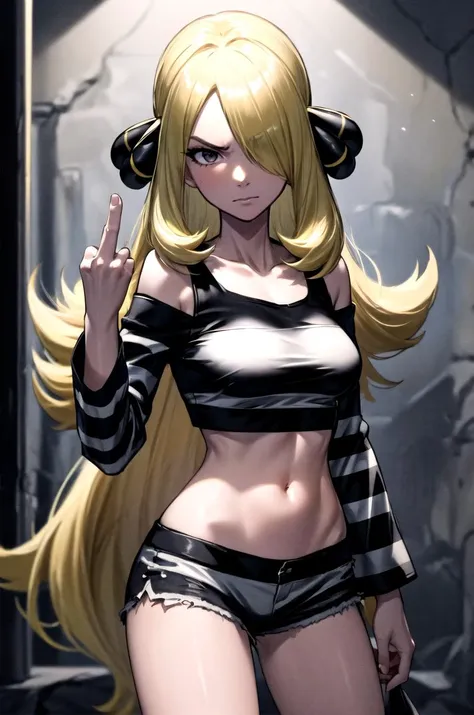 (masterpiece, best quality, detailed), 1girl, solo, looking at viewer, defCynthia, very long hair, hair over one eye, hair ornament,
<lora:prisonerOutfitV2:0.8>, crop top, off shoulder, bare shoulders, shorts, striped clothes, <lora:basement_v0.2:1> basement, (dark:1.5), dimly lit, <lora:midfinger-left-v2-wasabiya:1>, middle finger, closed mouth, glaring