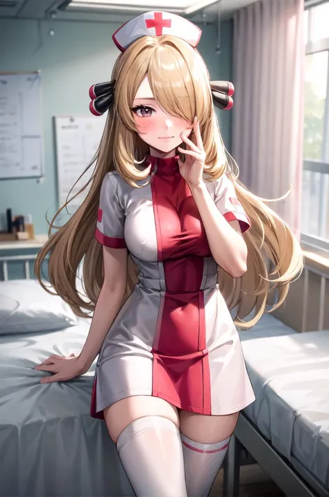 (masterpiece, best quality, detailed), 1girl, solo, looking at viewer, defCynthia, very long hair, hair over one eye, hair ornament,
nurse, nurse uniform, white thighhighs, nurse cap, pink dress, <lora:infirmary_v0.1:1>, infirmary, curtains, hospital bed, fisheye, <lora:Saya-covering face:0.9>, covering face, smile, closed mouth, blush