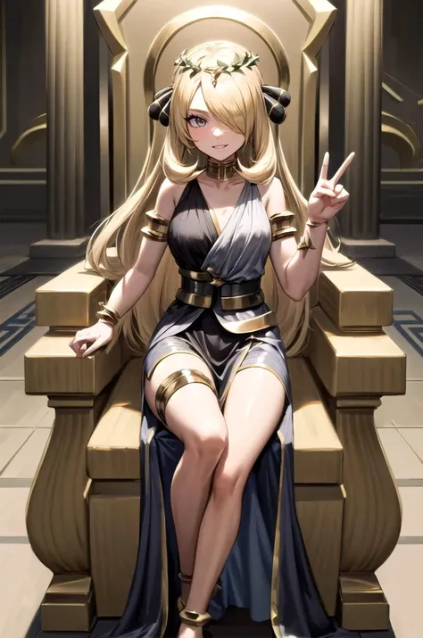 (masterpiece, best quality, detailed), 1girl, solo, looking at viewer, defCynthia, very long hair, hair over one eye, hair ornament,
<lora:GreekClothes:1>, greek clothes, peplos, laurel crown, armlet, see-through, indoors, throne room, throne, pillar, banner, gold, stone wall, peace sign, smile, parted lips