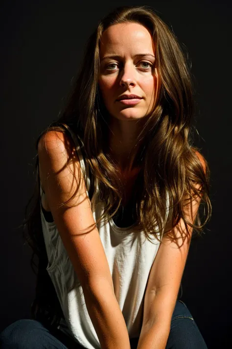 AmyAcker, long hair, dark theme, soothing tones, muted colors, high contrast, (natural skin texture, hyperrealism, soft light, sharp), red background, simple background, <lora:AmyAcker:1>