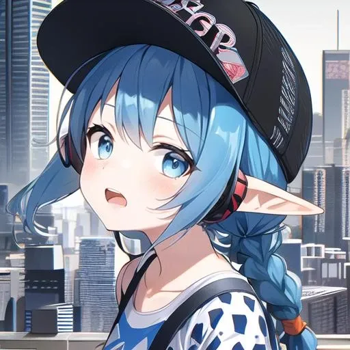 <lora:pszs-011:0.4>,1girl,bike shorts,blue hair,hat,headphones,open mouth,penshezs,pointy ears,print shirt,short s0.4ves,solo,cyberpunk city,full-size photograph,