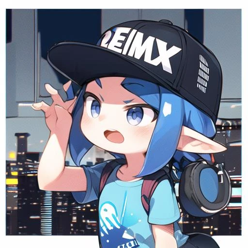 <lora:pszs-011:0.6>,1girl,bike shorts,blue hair,hat,headphones,open mouth,penshezs,pointy ears,print shirt,short s0.6ves,solo,cyberpunk city,full-size photograph,