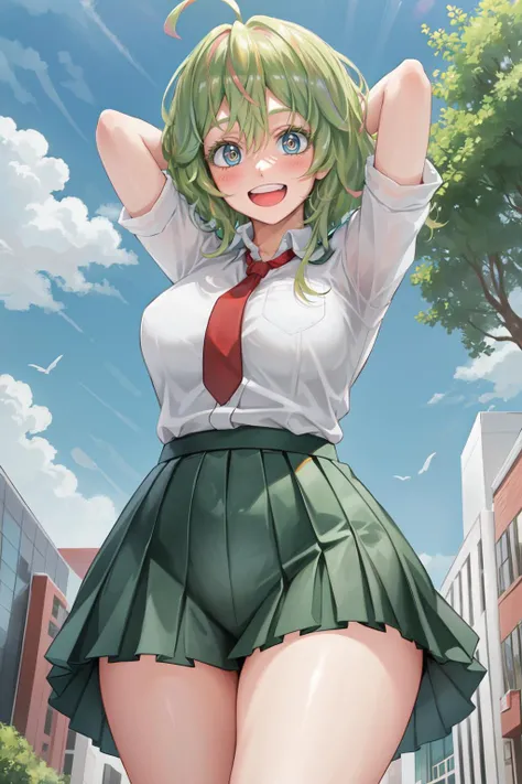 (high res, 8K, masterpiece, looking at viewer, best quality, very aesthetic, ultra detailed, ultra background, ultra Eyes) intricate details, 1girl, Tatsumaki, Chibi, short sleeved white shirt, Light Blue Gray short skirt, Pockets on the left chest, Blue Gray Tie, Wearing a belt, Black Sling bag, green short hair, green eyes, One leg lifted, normal face, Background City, Store, Cinematic Angle