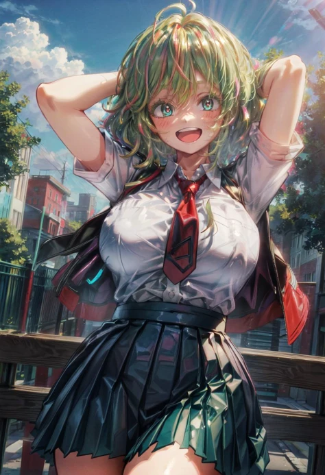 (volumetric lighting, Highres), (Detailed Illustration), Ultra-Detailed, 8k, nsfw, TooruU1, 1girl, solo, looking at viewer, green hair, blush, green eyes, messy hair, medium hair, gigantic breasts,bangs, hair between eyes, open mouth, smile, gloves, ahoge, blue gloves, multicolored hair, (teeth:1.2), cowboy shot, school uniform, white shirt, necktie, red necktie, skirt, pleated skirt, :d, collarbone, collared shirt, green skirt, u.a school uniform, short sleeves, swewat, arms behind head, arms up, outdoors, day, clouds, buildings, school, trees, bushes, (from below:1.2),
BREAK
masterpiece, highly detailed background, ((shiny skin, glossy skin, detailed skin)),
<lora:TooruU1:0.8> <lora:add_detail:.8> <lora:hairdetailer:0.6>