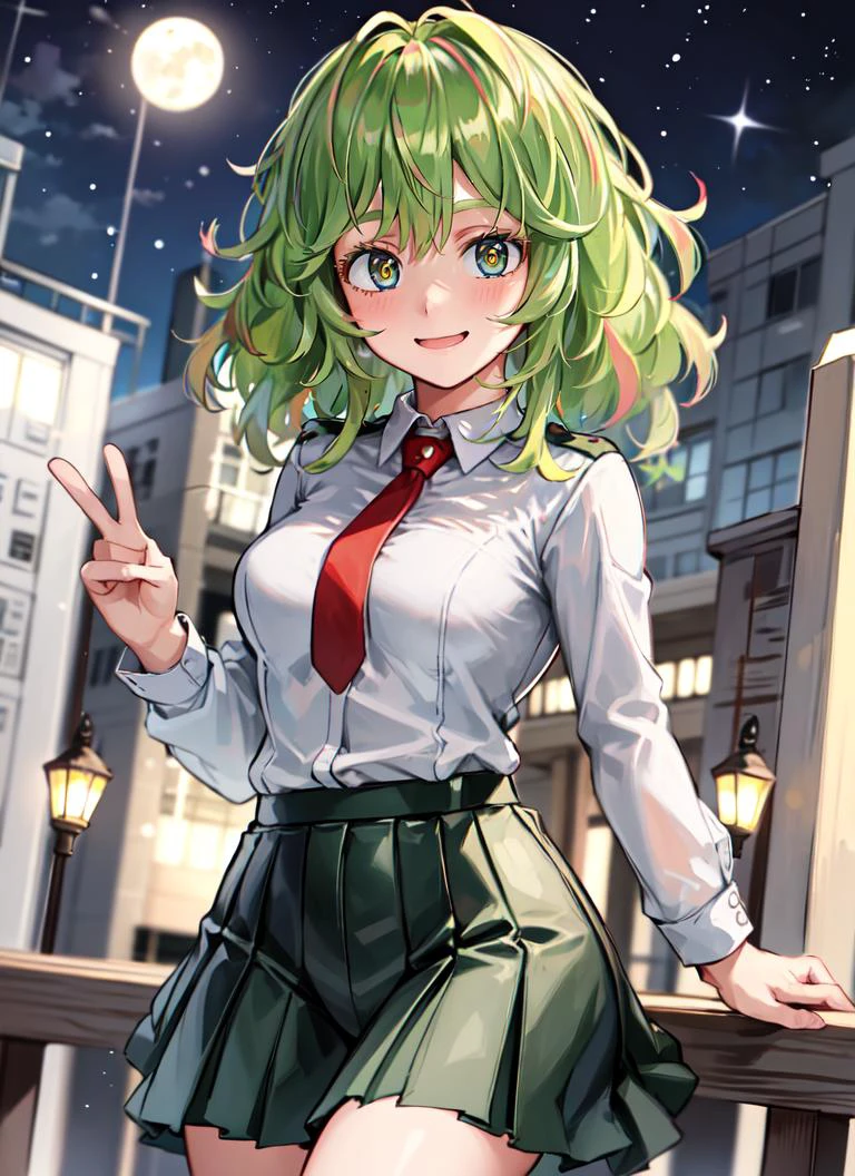 ((best quality)), ((highly detailed)), masterpiece, absurdres, detailed face, beautiful face, (detailed eyes, deep eyes), (1girl), cowboy shot, <lora:TooruU1--Moka19:.8>, TooruU1, green hair, multicolored hair, medium hair, green eyes, medium breasts, smiling, white shirt, collared shirt, red necktie, grey jacket, blazer, long sleeves, green skirt, black socks, school uniform, (outside, <lora:school_outdoors_v0.2:1>, at a school, building, night, night sky, stars, moonbeam, telescope, cloudy)