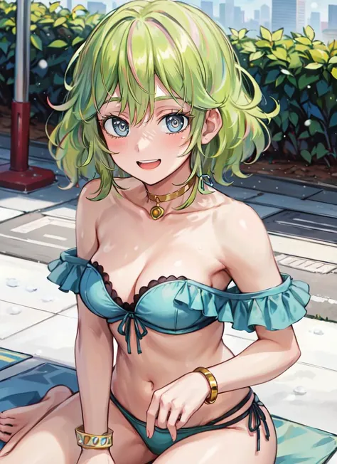 ((best quality)), ((highly detailed)), masterpiece, absurdres, (detailed eyes, deep eyes), (1girl), top view, looking at viewer, upper body, <lora:TooruU1--Moka19:.8>, TooruU1, green hair, multicolored hair, medium hair, green eyes, medium breasts, smiling, <lora:TrueOffShoulderBikini:1>, off-shoulder bikini, light blue bikini, bangle, anklet, barefoot, (outside, at a city, midday, snow storm)